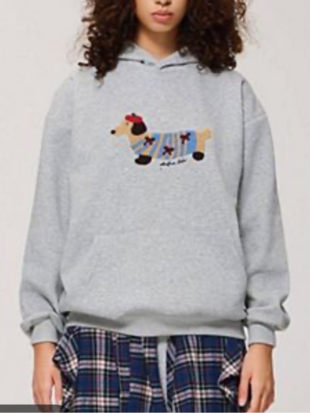Aelfric Eden Embroidered Cartoon Dachshund Hoodie Heather Gray Oversized-Large